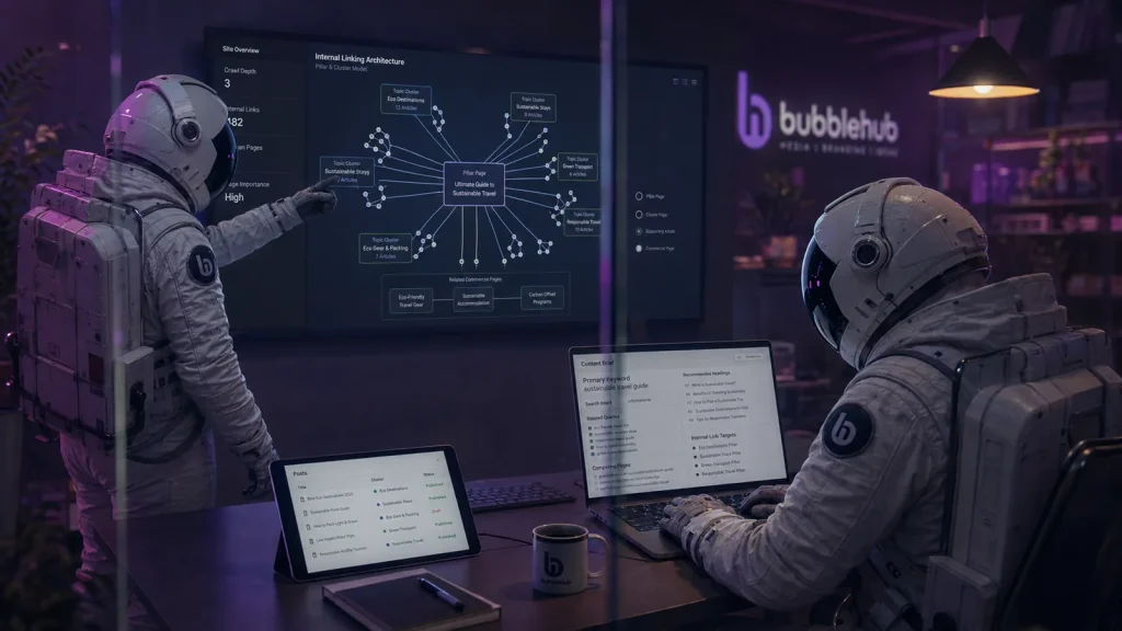 A Bubblehub astronaut pointing at an internal linking architecture diagram on the office screen