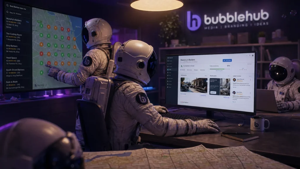 Bubblehub astronauts working on local SEO with a map-grid rank tracker and a Google Business Profile on screen