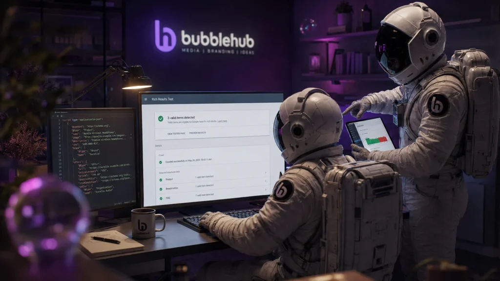 Bubblehub astronauts checking structured data in the Rich Results Test with schema code on the second screen