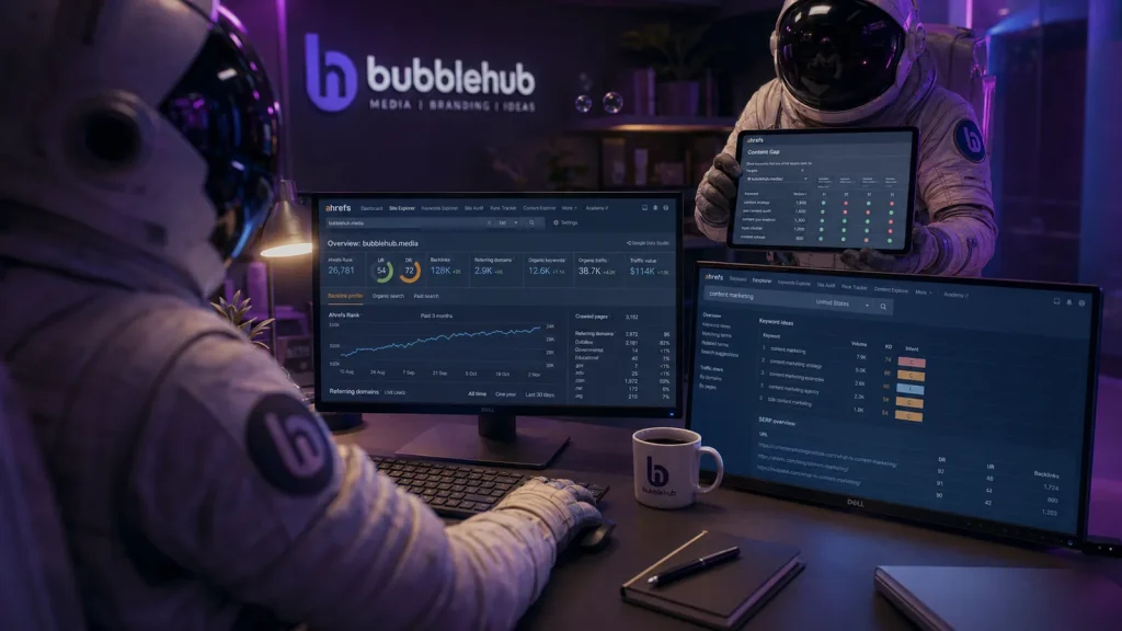 A Bubblehub astronaut reviewing an Ahrefs site overview with keyword rankings and backlinks