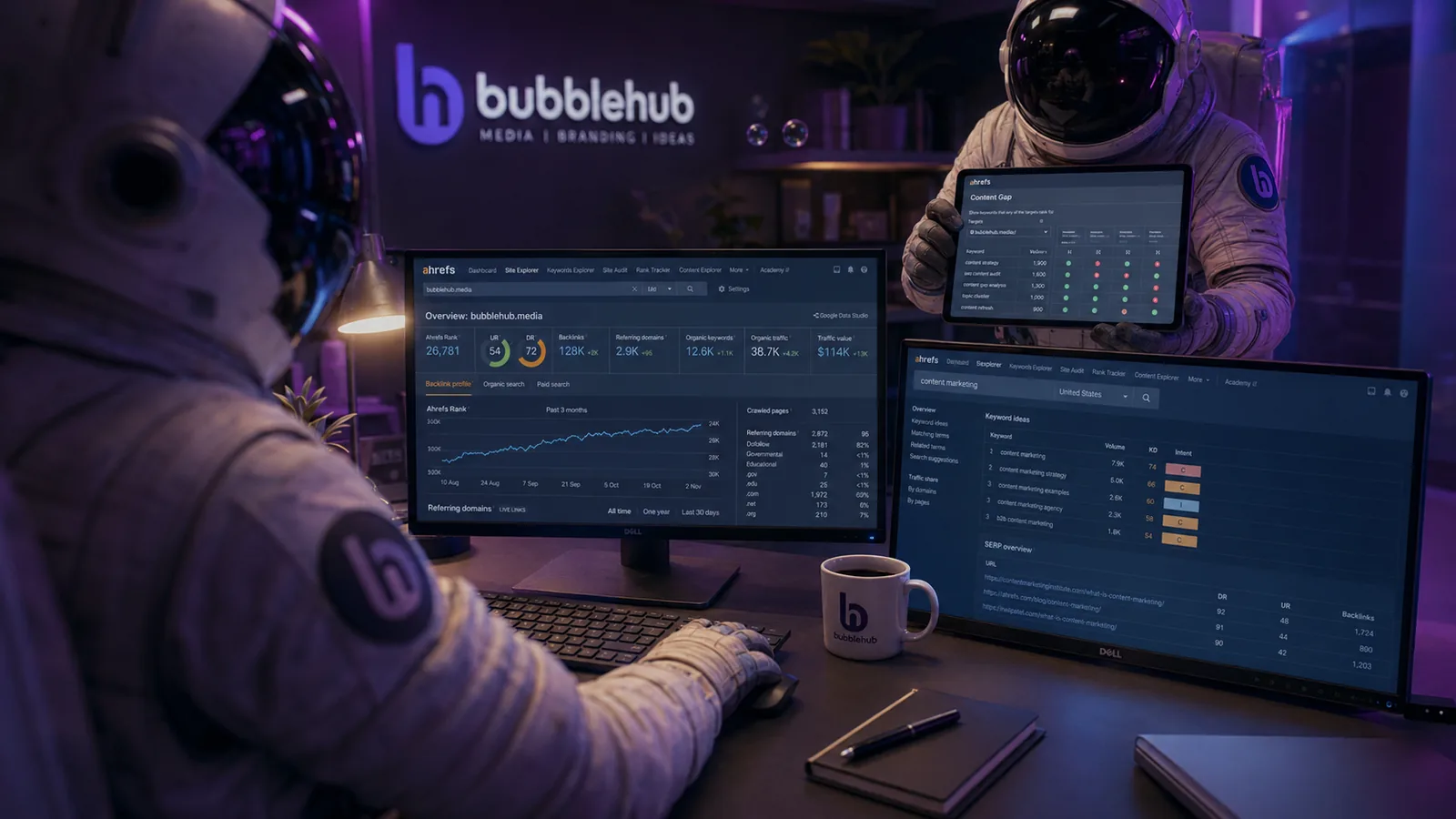 A Bubblehub astronaut reviewing an Ahrefs site overview with keyword rankings and backlinks