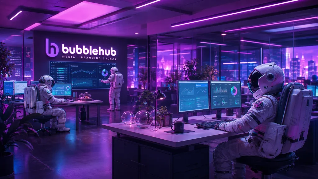 The Bubblehub office with the logo on the wall, astronauts at their desks and a city skyline through the glass