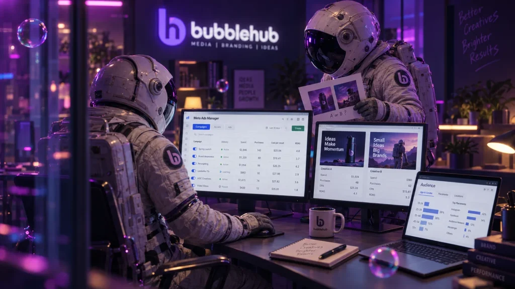 Bubblehub astronauts reviewing Meta Ads Manager campaigns and creatives for Facebook and Instagram