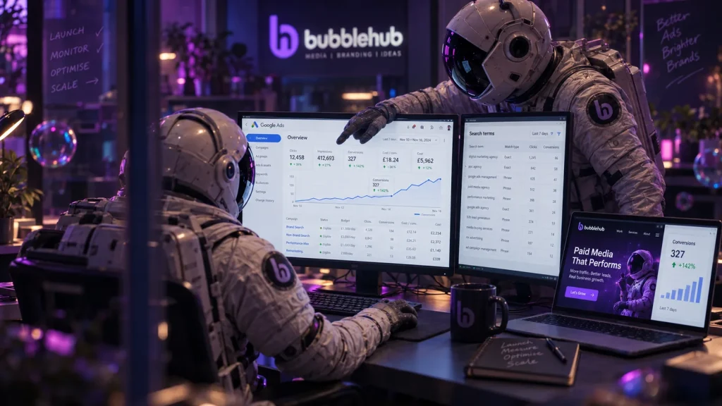 A Bubblehub astronaut pointing at a Google Ads overview graph, "Paid media that performs" on the laptop