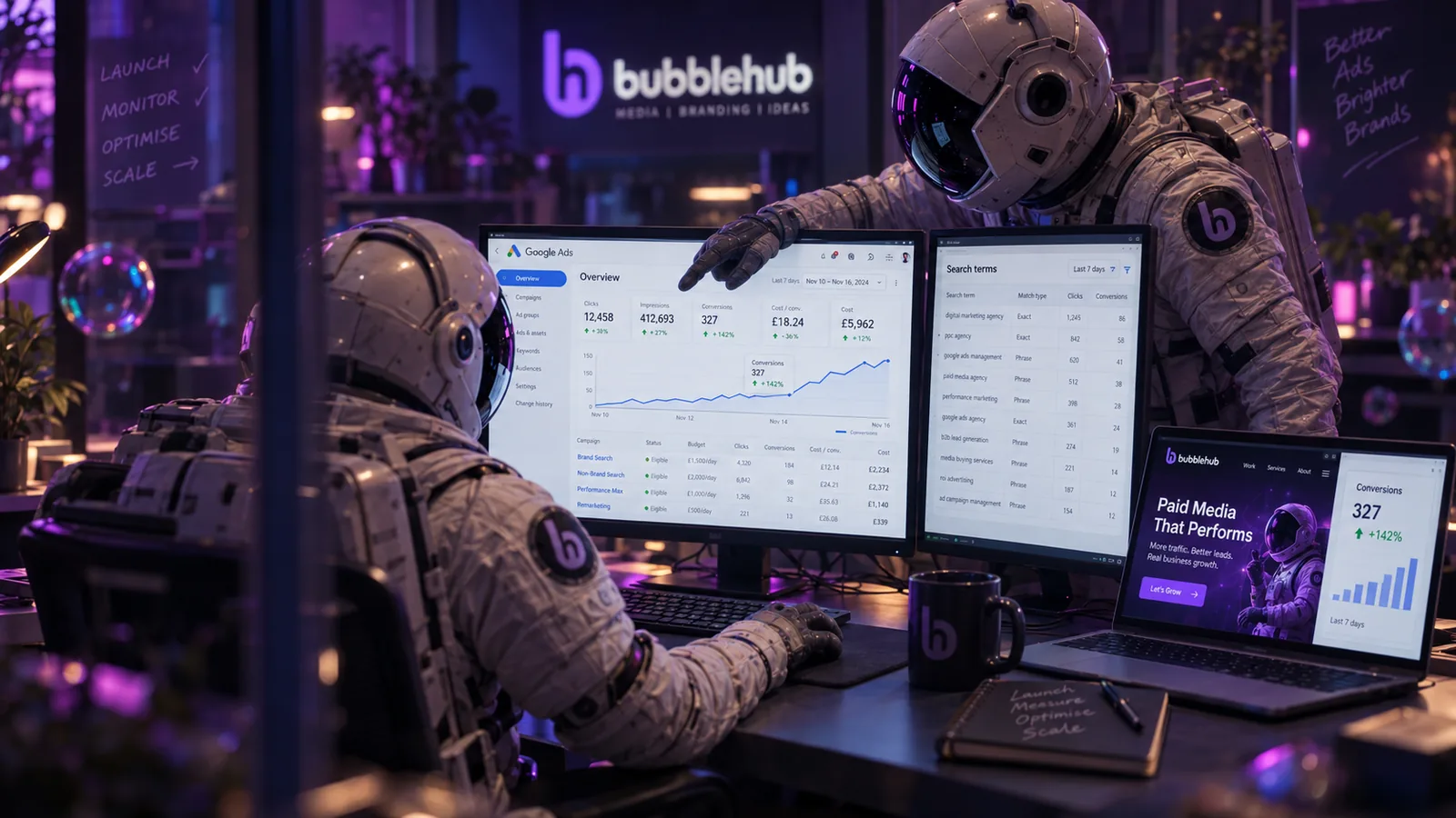 A Bubblehub astronaut pointing at a Google Ads overview graph, "Paid media that performs" on the laptop