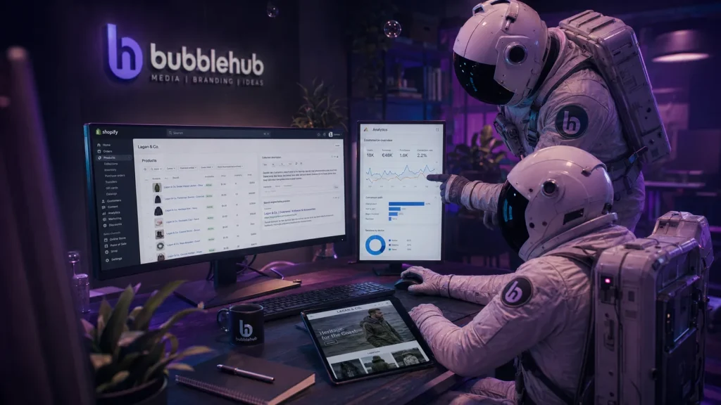 Bubblehub astronauts reviewing a Shopify store admin and its analytics