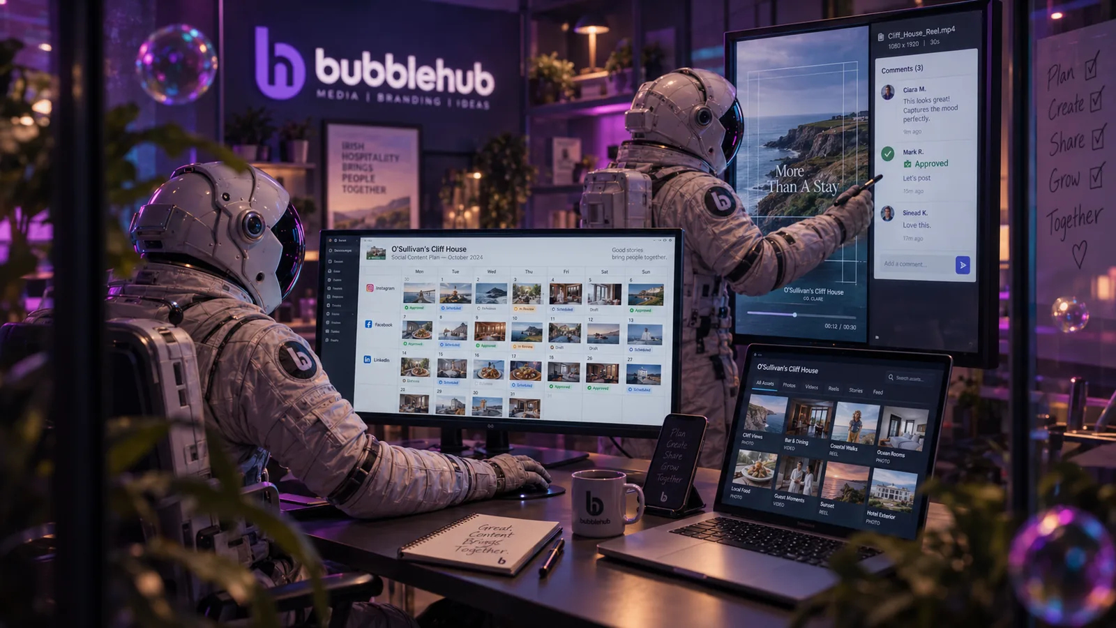 Bubblehub astronauts planning a social media content grid and approving a reel