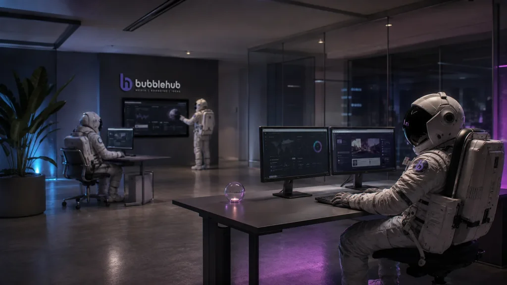 A Bubblehub astronaut presenting a strategy on the office screen while colleagues work at their desks
