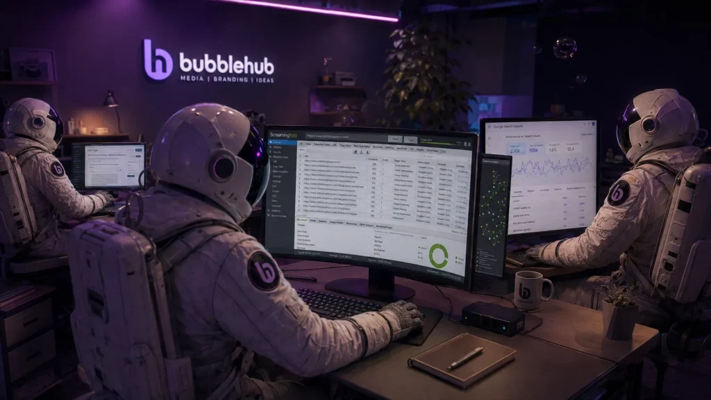 Bubblehub astronauts running a technical SEO audit with a site crawl and Google Search Console on screen