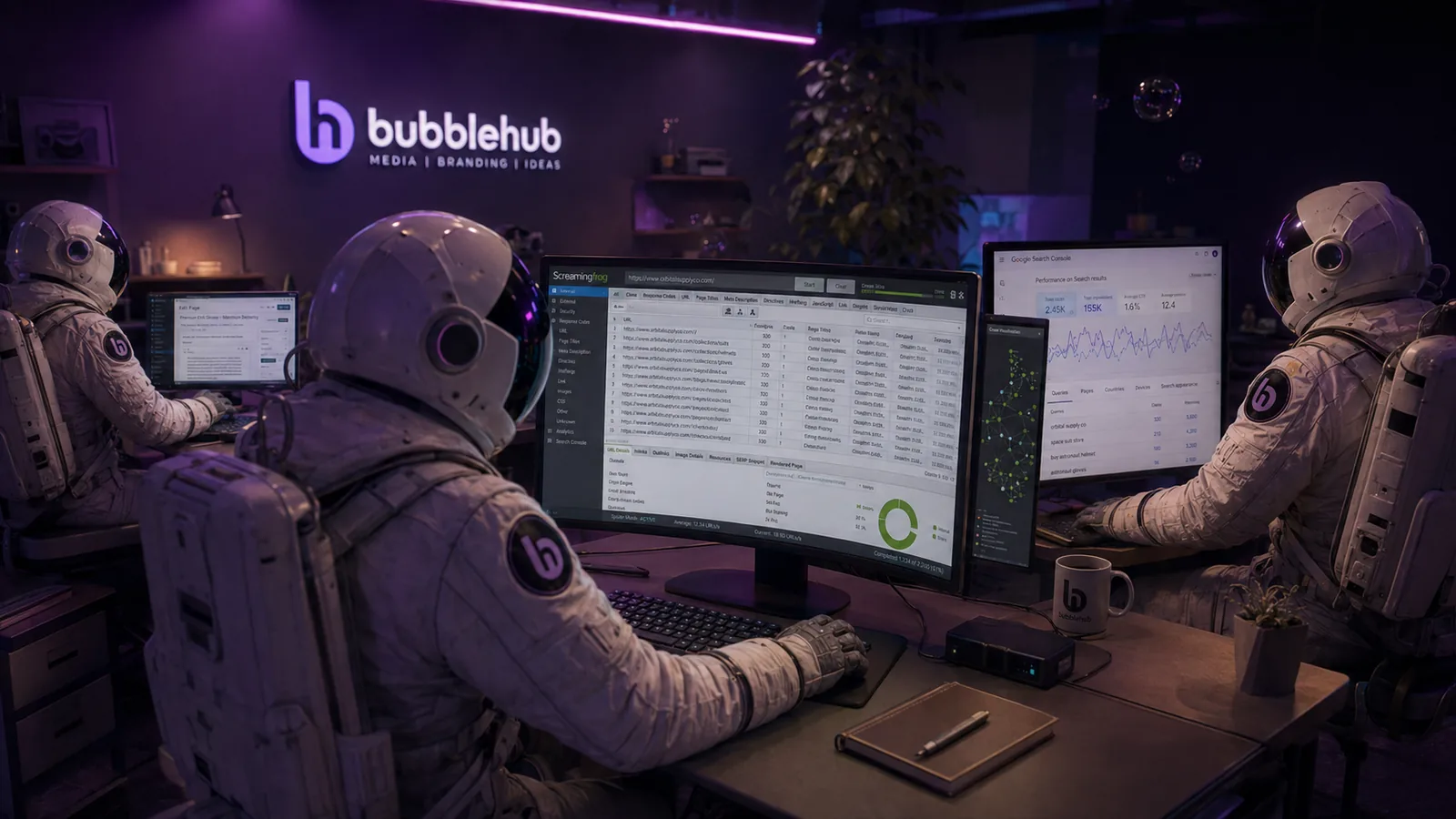 Bubblehub astronauts running a technical SEO audit with a site crawl and Google Search Console on screen