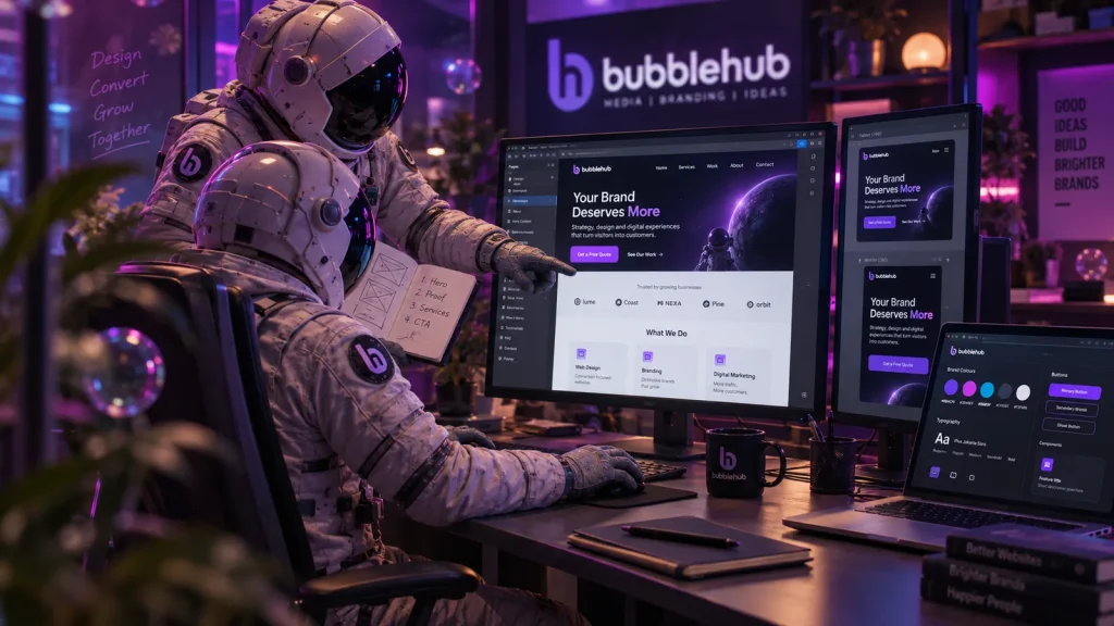 Bubblehub astronauts reviewing a homepage design, "Your brand deserves more", on desktop and mobile