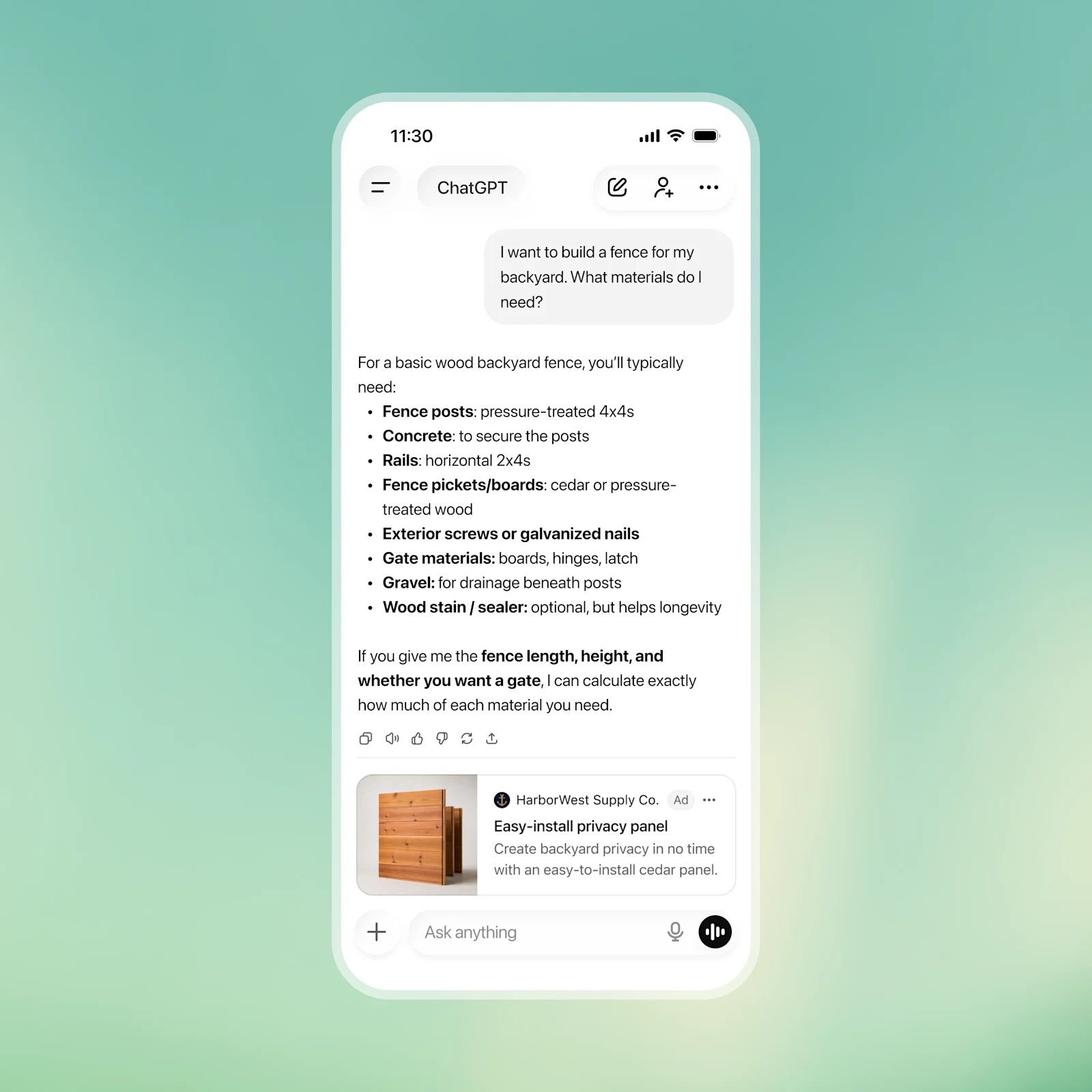 A ChatGPT answer listing materials for a garden fence, with a sponsored ad for a cedar privacy panel shown below it A ChatGPT answer listing materials for a garden fence, with a sponsored ad for a cedar privacy panel shown below it