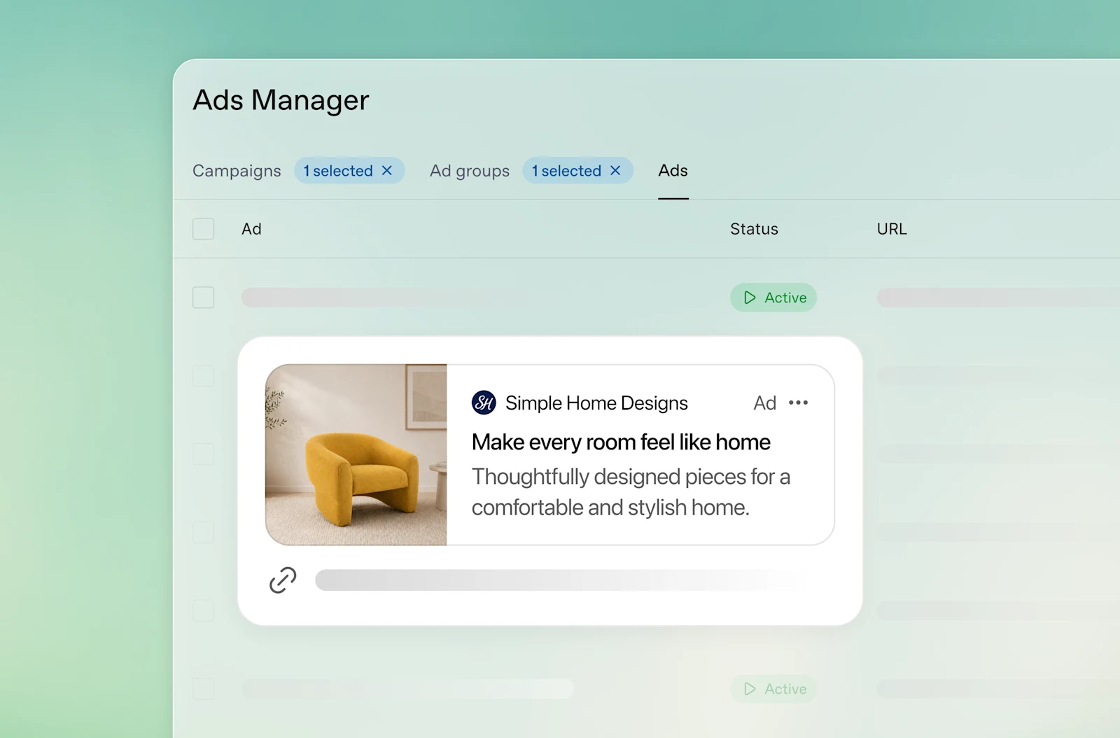 An ad for a furniture brand being previewed in OpenAI's Ads Manager, alongside the campaign and ad group tabs An ad for a furniture brand being previewed in OpenAI's Ads Manager, alongside the campaign and ad group tabs