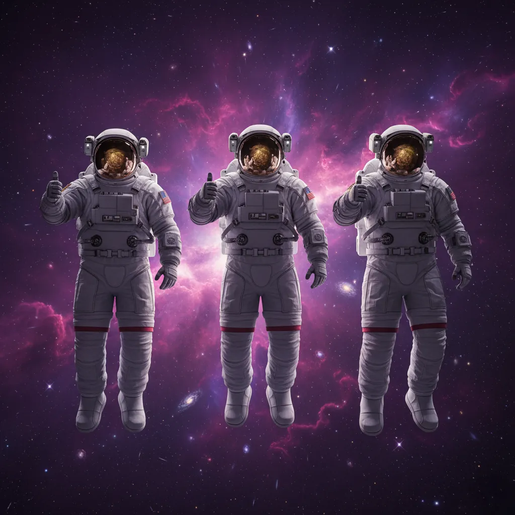 Three Bubblehub astronauts giving a thumbs up against a purple galaxy Three Bubblehub astronauts giving a thumbs up against a purple galaxy