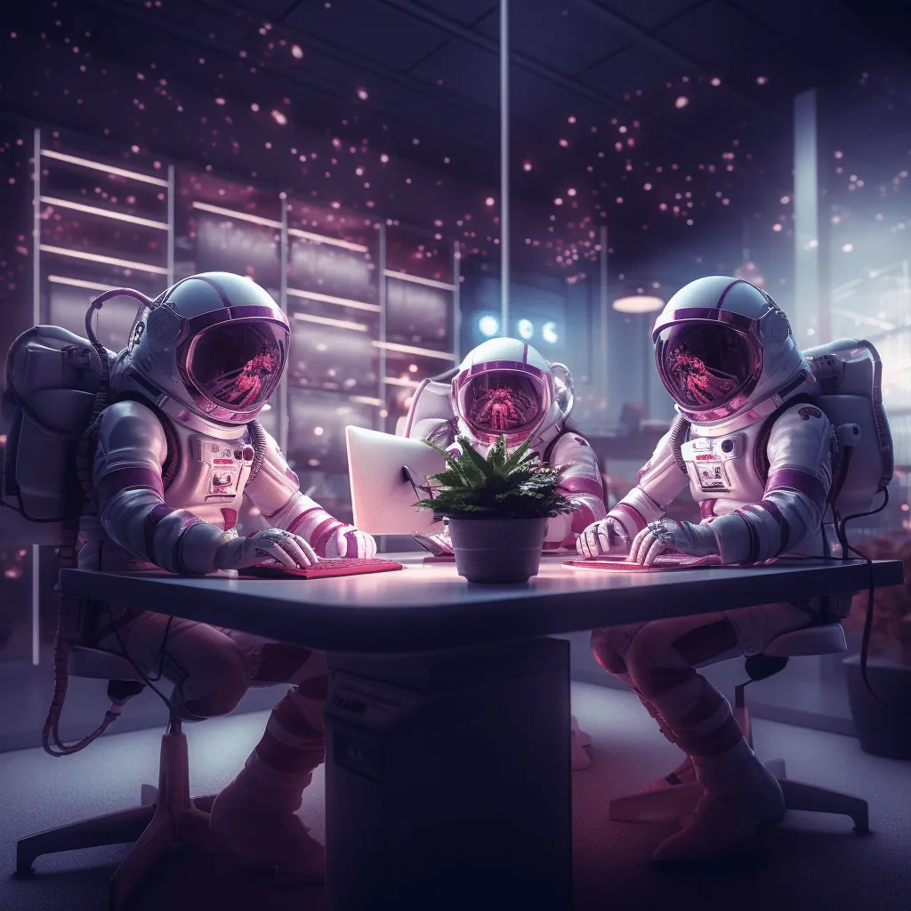 Two astronauts sitting at a table working on a laptop Two astronauts sitting at a table working on a laptop