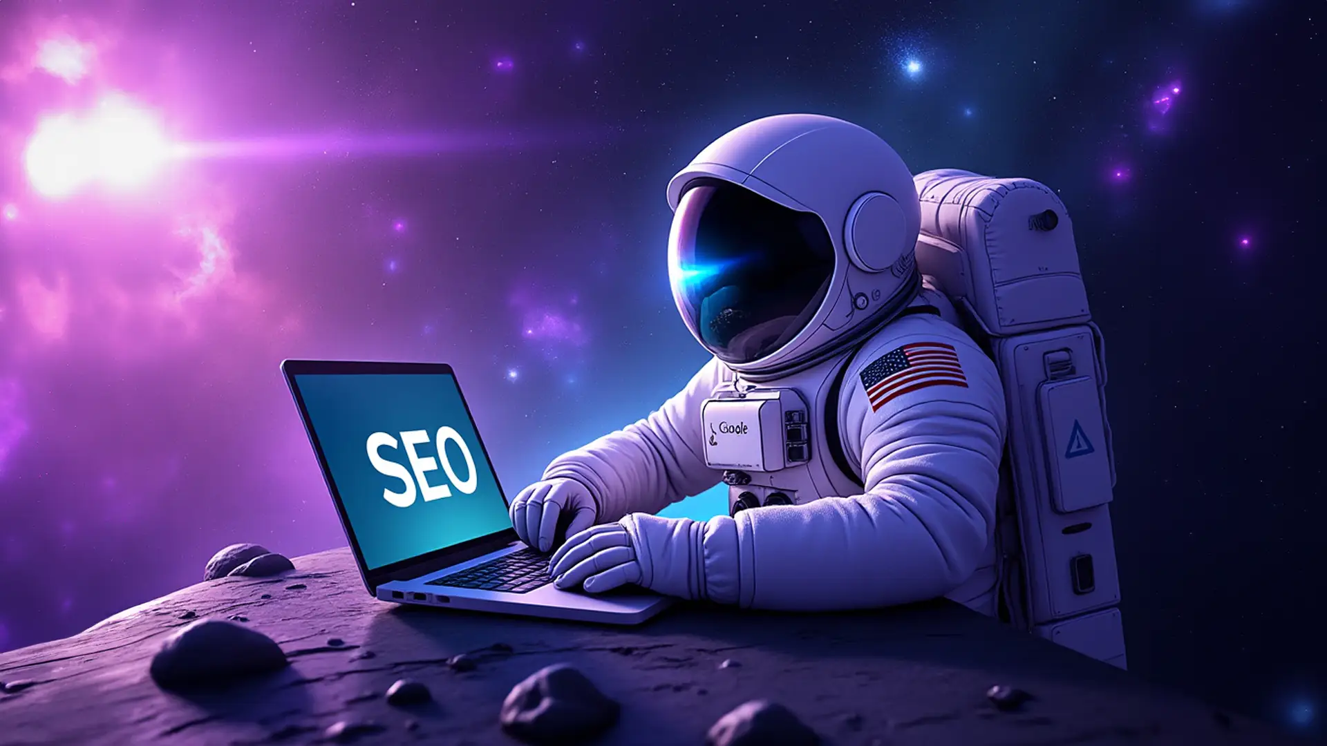 an image of an astronaut working on Google SEO purple and cyan nebula with bubbles with the google an image of an astronaut working on Google SEO purple and cyan nebula with bubbles with the google logo visable