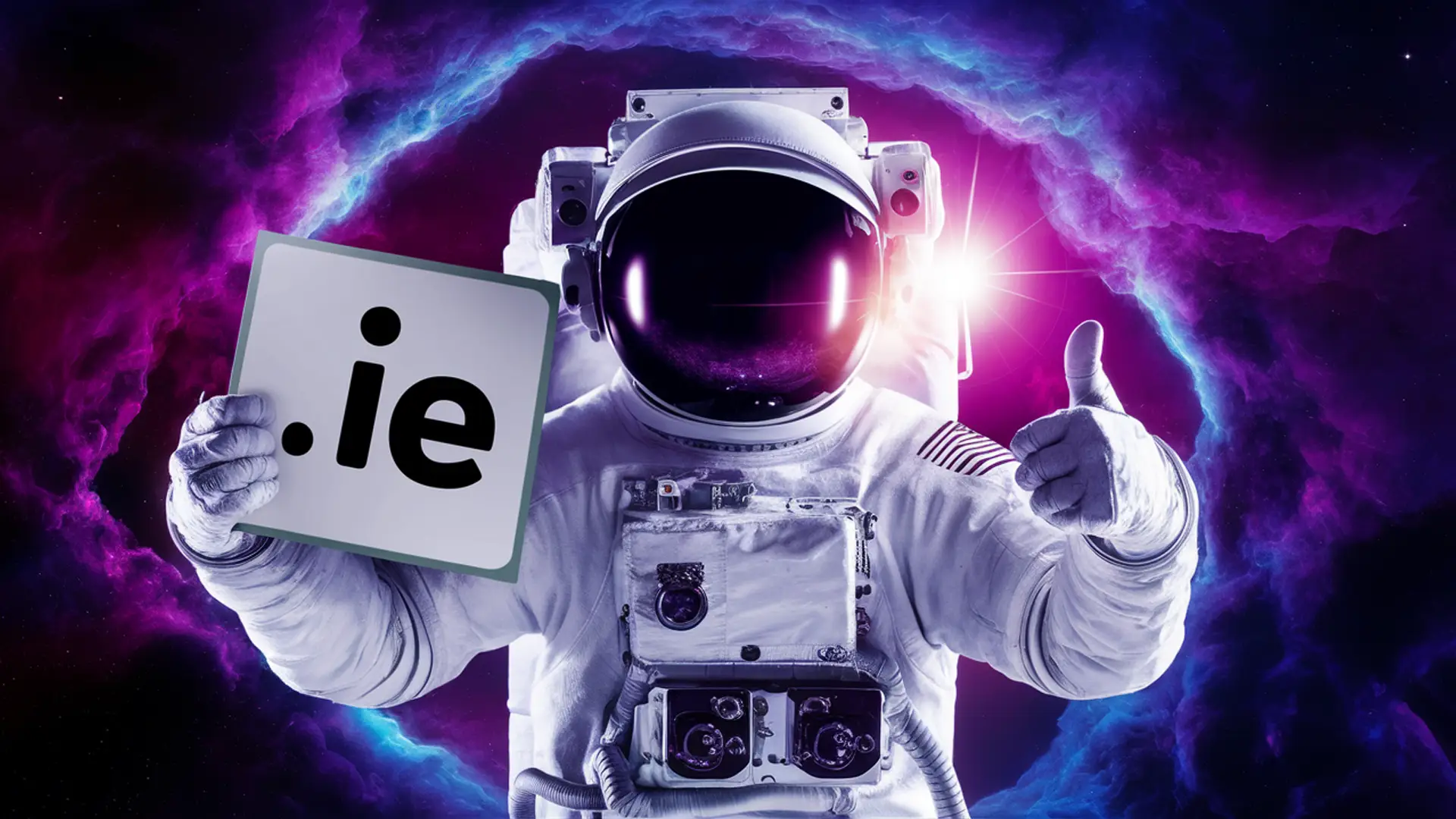 Astronaut in space holding .ie domain sign with thumbs up, cosmic background Astronaut in space holding .ie domain sign with thumbs up, cosmic background