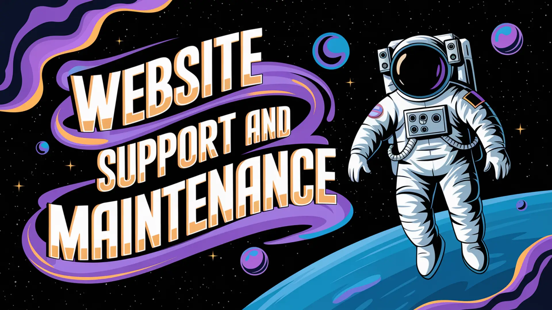 Website support and maintenance - essential service when choosing a web designer, space-themed Website support and maintenance - essential service when choosing a web designer, space-themed illustration with astronaut