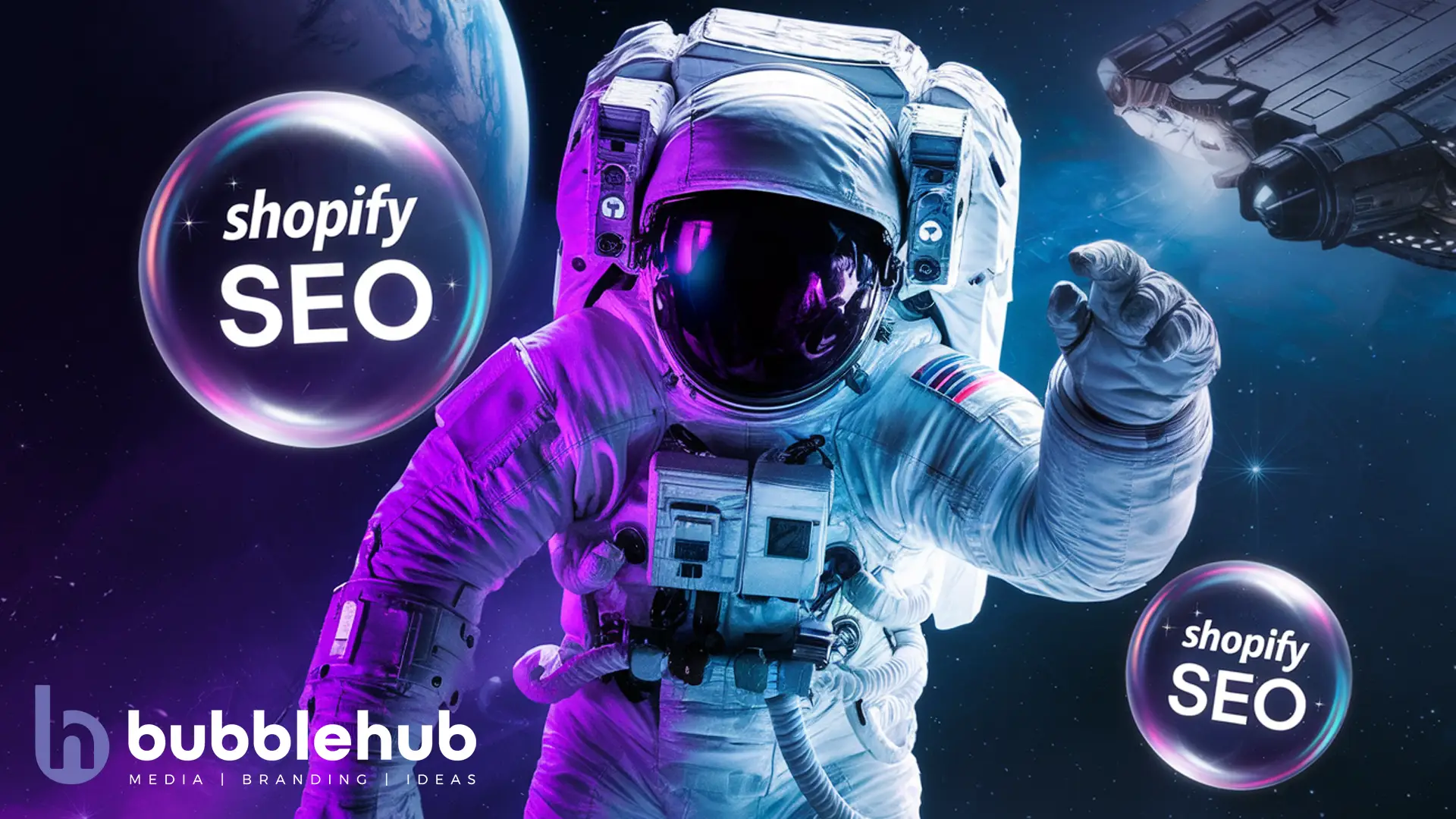 an image of an astronaut with purple and cyan hues with glowing bubbles showing "Shopify an image of an astronaut with purple and cyan hues with glowing bubbles showing "Shopify SEO"