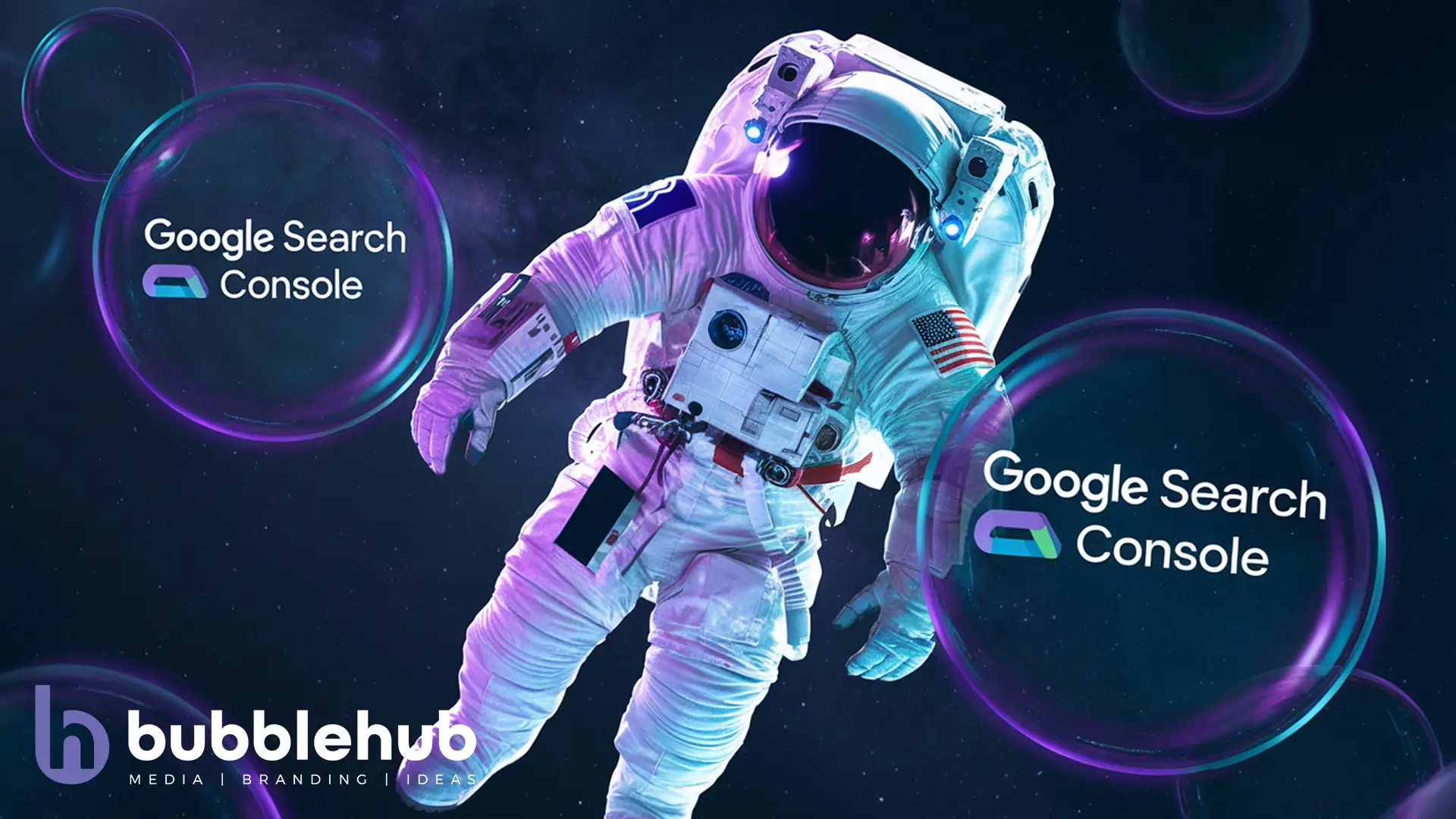 Shopify SEO astronaut with glowing bubbles showing "Google Search Console" Shopify SEO astronaut with glowing bubbles showing "Google Search Console"