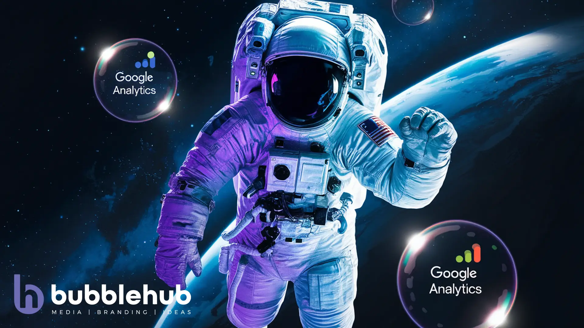 Shopify SEO astronaut with purple and cyan hues with glowing bubbles showing "Google Shopify SEO astronaut with purple and cyan hues with glowing bubbles showing "Google Analytics"