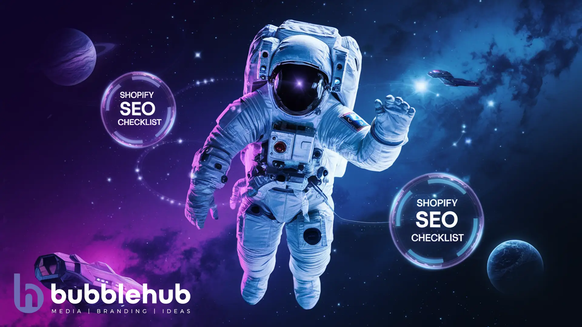 an image of an astronaut with purple and cyan hues with glowing bubbles showing "Shopify SEO an image of an astronaut with purple and cyan hues with glowing bubbles showing "Shopify SEO Checklist"