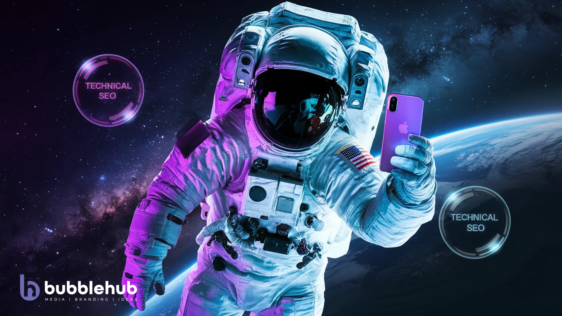A Bubblehub astronaut holding a phone with technical SEO bubbles floating around him A Bubblehub astronaut holding a phone with technical SEO bubbles floating around him