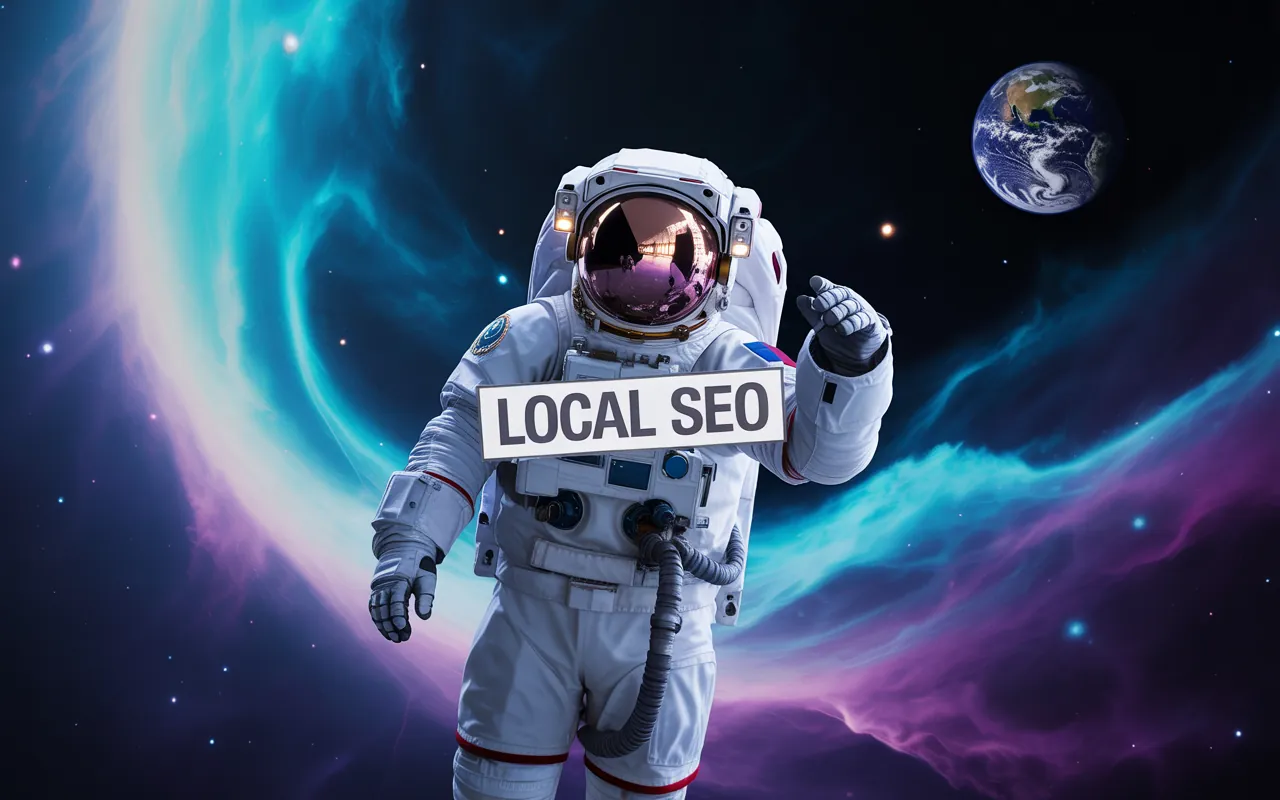 Of astronaught in space holding sign that says local seo Of astronaught in space holding sign that says local seo