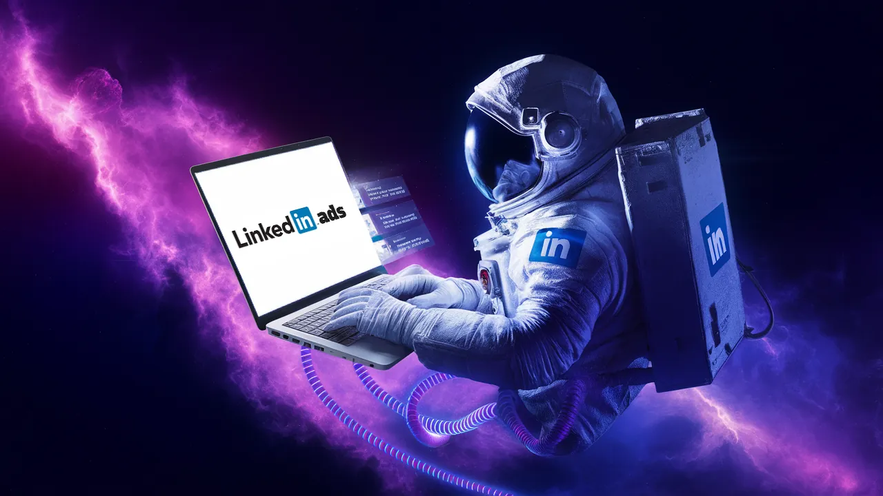 Astronaut using a laptop displaying LinkedIn Ads logo against a purple cosmic background Astronaut using a laptop displaying LinkedIn Ads logo against a purple cosmic background