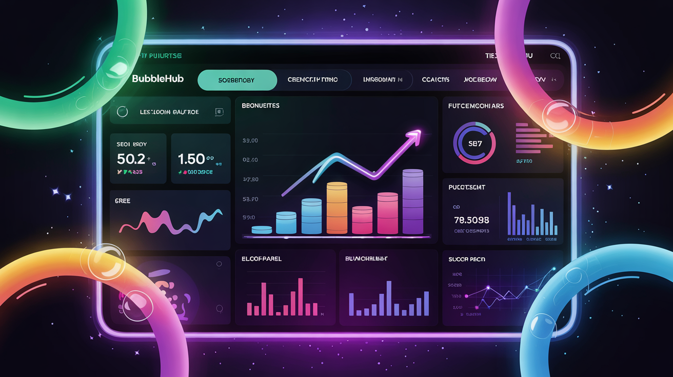 Neon digital dashboard UI with glowing charts, graphs and SEO data metrics, futuristic neon design Neon digital dashboard UI with glowing charts, graphs and SEO data metrics, futuristic neon design floating in a cosmic space background.