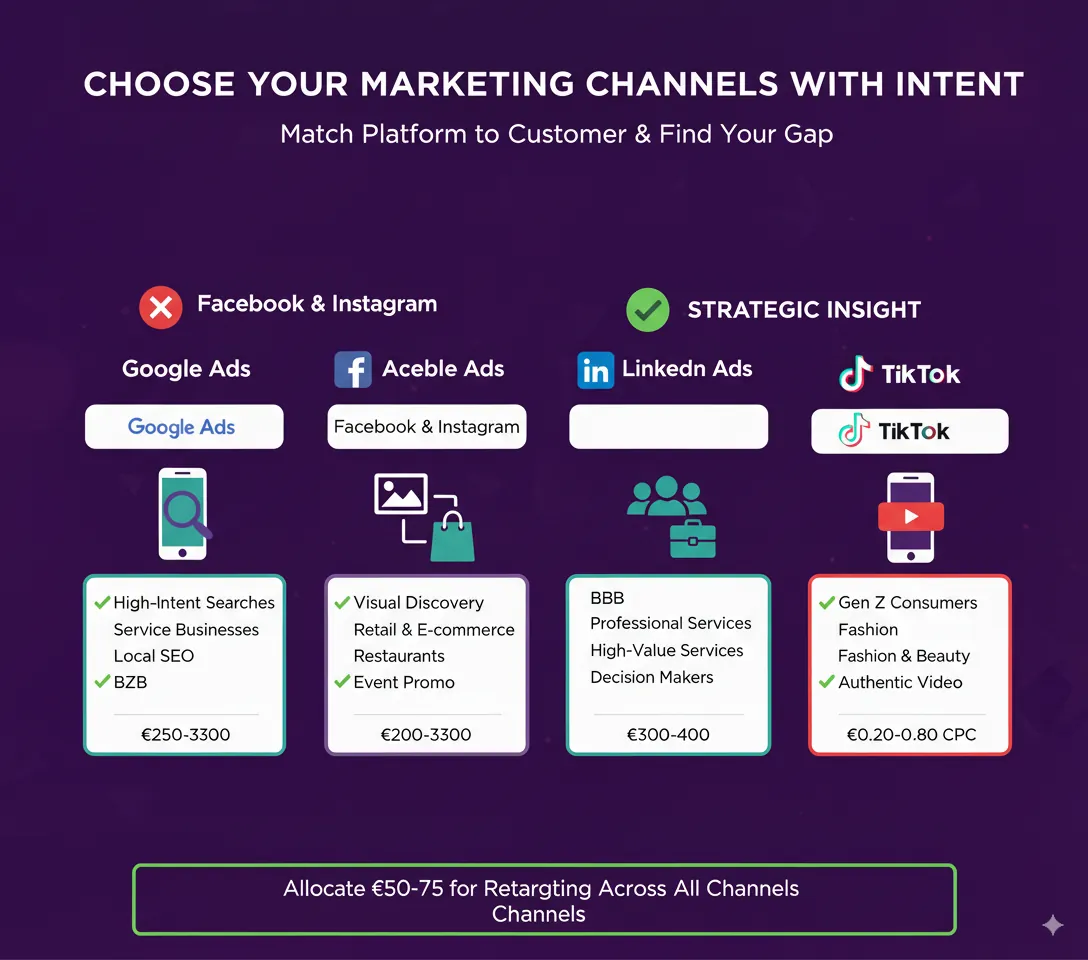Choose your marketing channels with intent: Google Ads, Facebook and Instagram, LinkedIn and TikTok Choose your marketing channels with intent: Google Ads, Facebook and Instagram, LinkedIn and TikTok matched to customer and budget