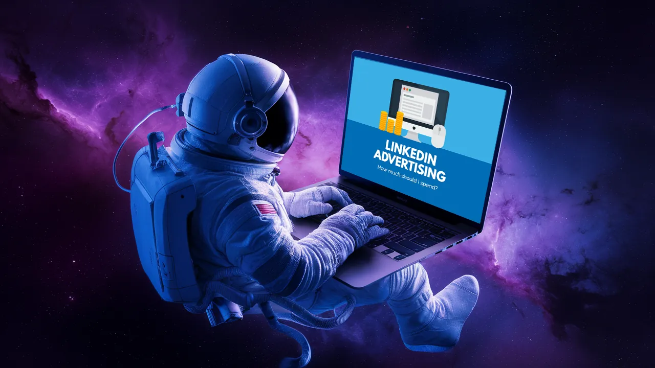 Astronaut using a laptop with a LinkedIn Advertising guide on the screen, in a cosmic purple Astronaut using a laptop with a LinkedIn Advertising guide on the screen, in a cosmic purple background
