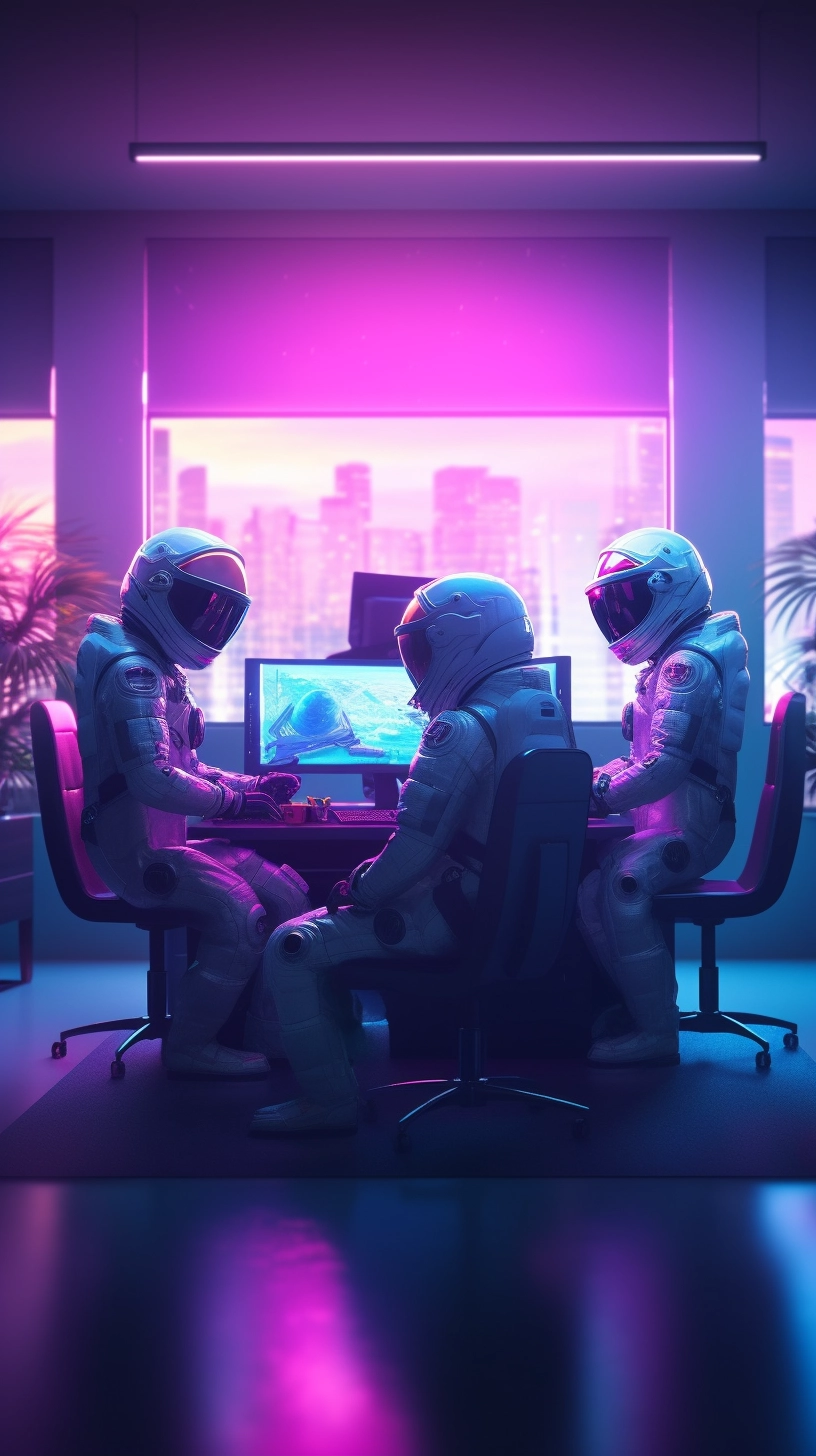 Two astronauts sitting at a desk in front of a computer Two astronauts sitting at a desk in front of a computer