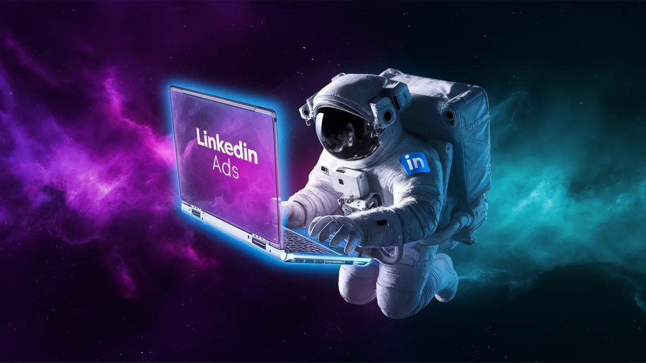 An astronaut floating in space holding a laptop that shows the LinkedIn Ads logo An astronaut floating in space holding a laptop that shows the LinkedIn Ads logo