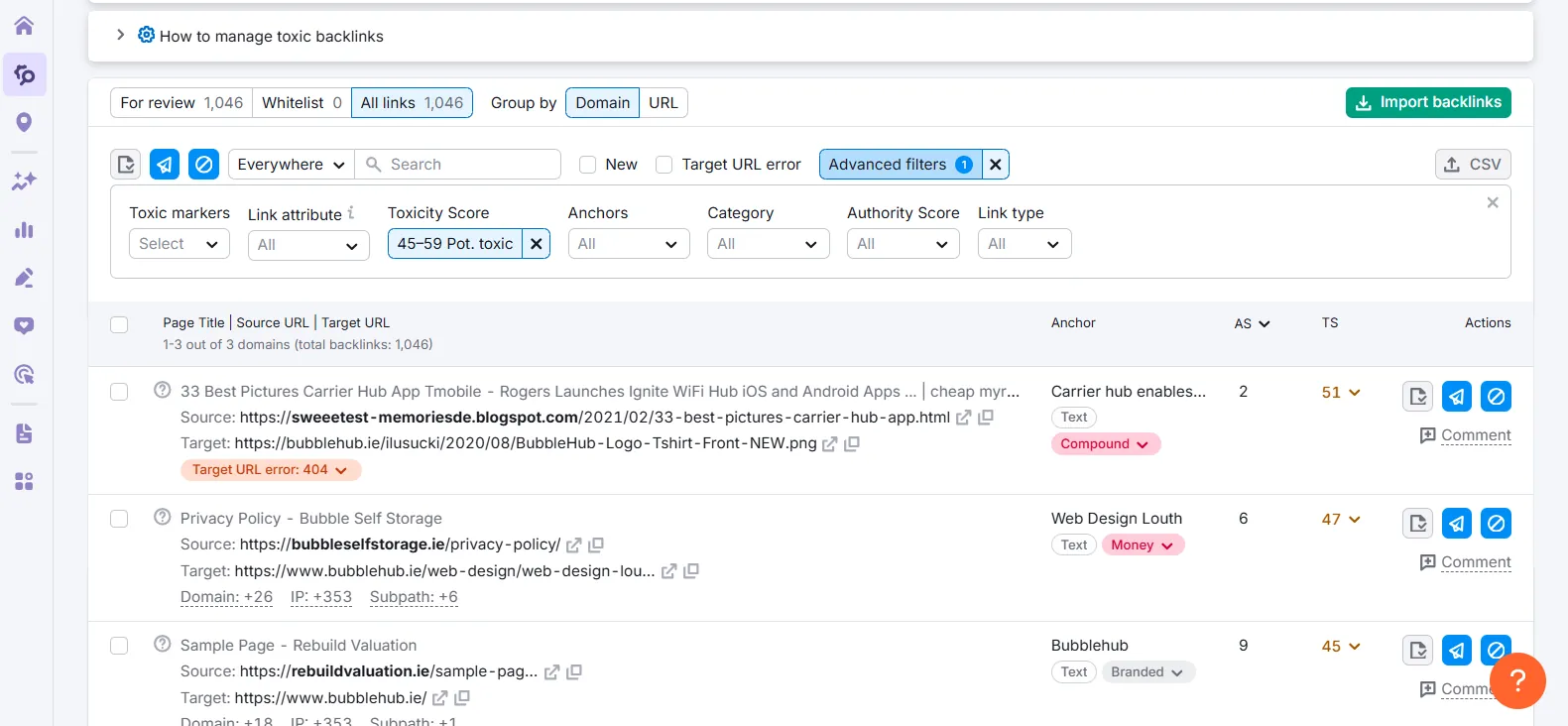 A backlink audit tool listing toxic links by toxicity score, target URL and anchor A backlink audit tool listing toxic links by toxicity score, target URL and anchor