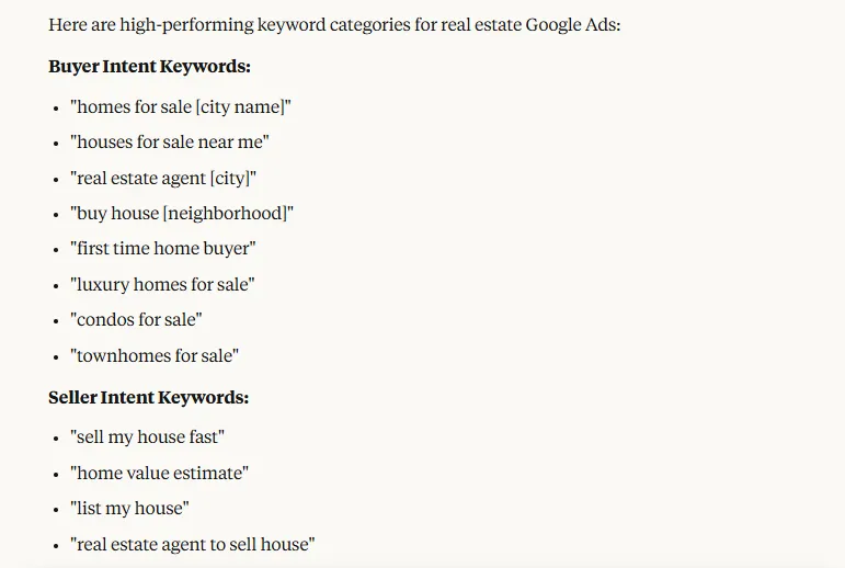 High-performing real estate Google Ads keyword categories: buyer intent and seller intent keywords High-performing real estate Google Ads keyword categories: buyer intent and seller intent keywords