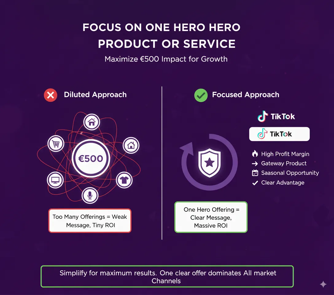 Focus on one hero product or service: a diluted approach against a focused one for a €500 budget Focus on one hero product or service: a diluted approach against a focused one for a €500 budget