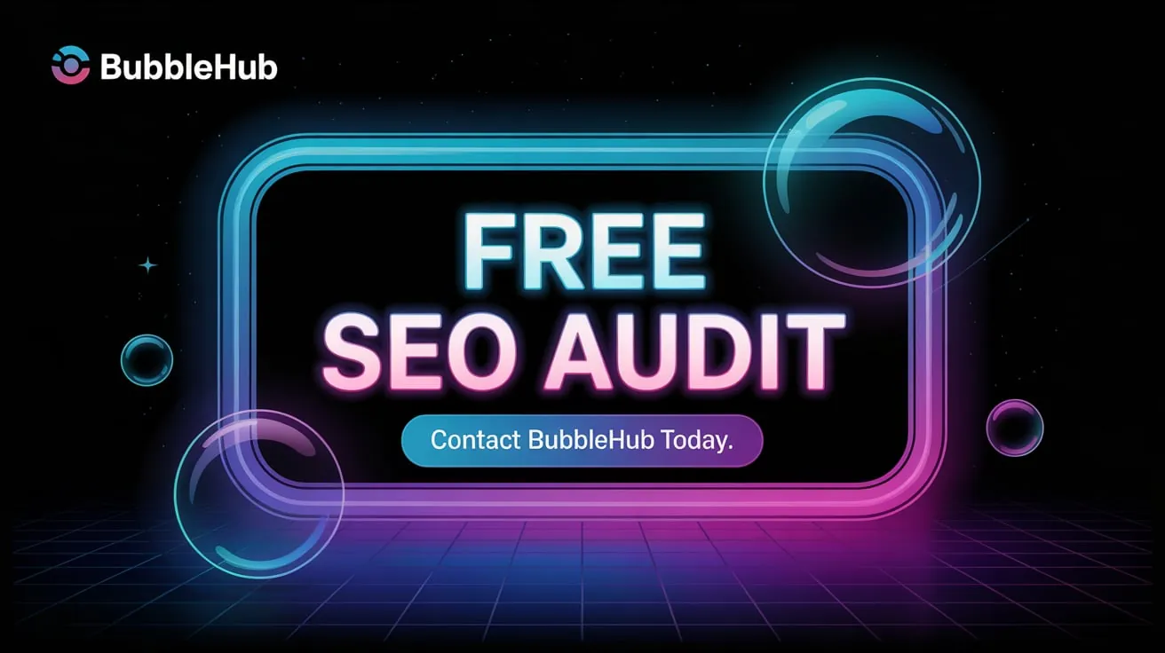 Bright neon glowing button in a futuristic digital space theme, big bold letters saying Bright neon glowing button in a futuristic digital space theme, big bold letters saying apos;Free SEO Auditapo