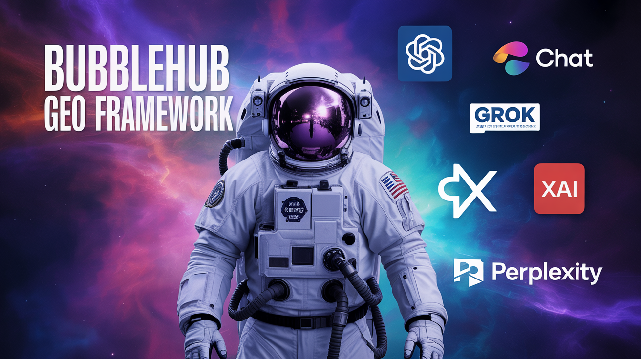 The Bubblehub GEO framework: an astronaut beside the ChatGPT, Grok, xAI and Perplexity logos