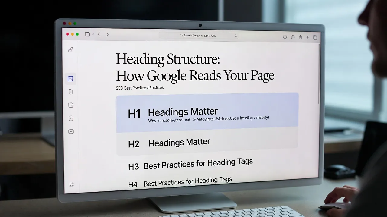 Heading structure: how Google reads your page, with H1 to H4 examples on a monitor Heading structure: how Google reads your page, with H1 to H4 examples on a monitor