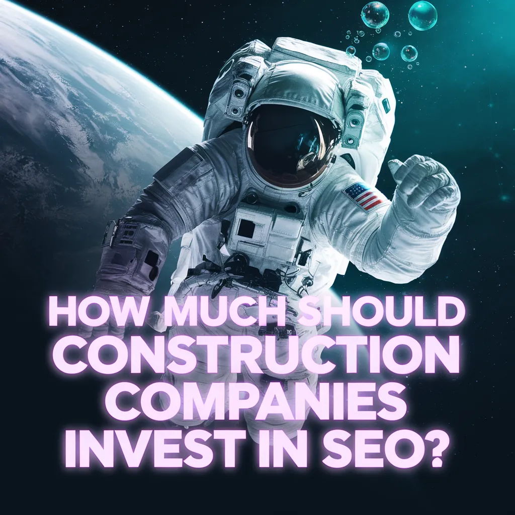 A blog post image featuring an astronaut floating in space, with the Earth visible in the A blog post image featuring an astronaut floating in space, with the Earth visible in the background. There are bubbles coming out of the astronaut's helmet. The text "How Much Should Construction Companies Invest in SEO?" is displayed in large, purple letters. There is a cyan glow around the astronaut and the text.