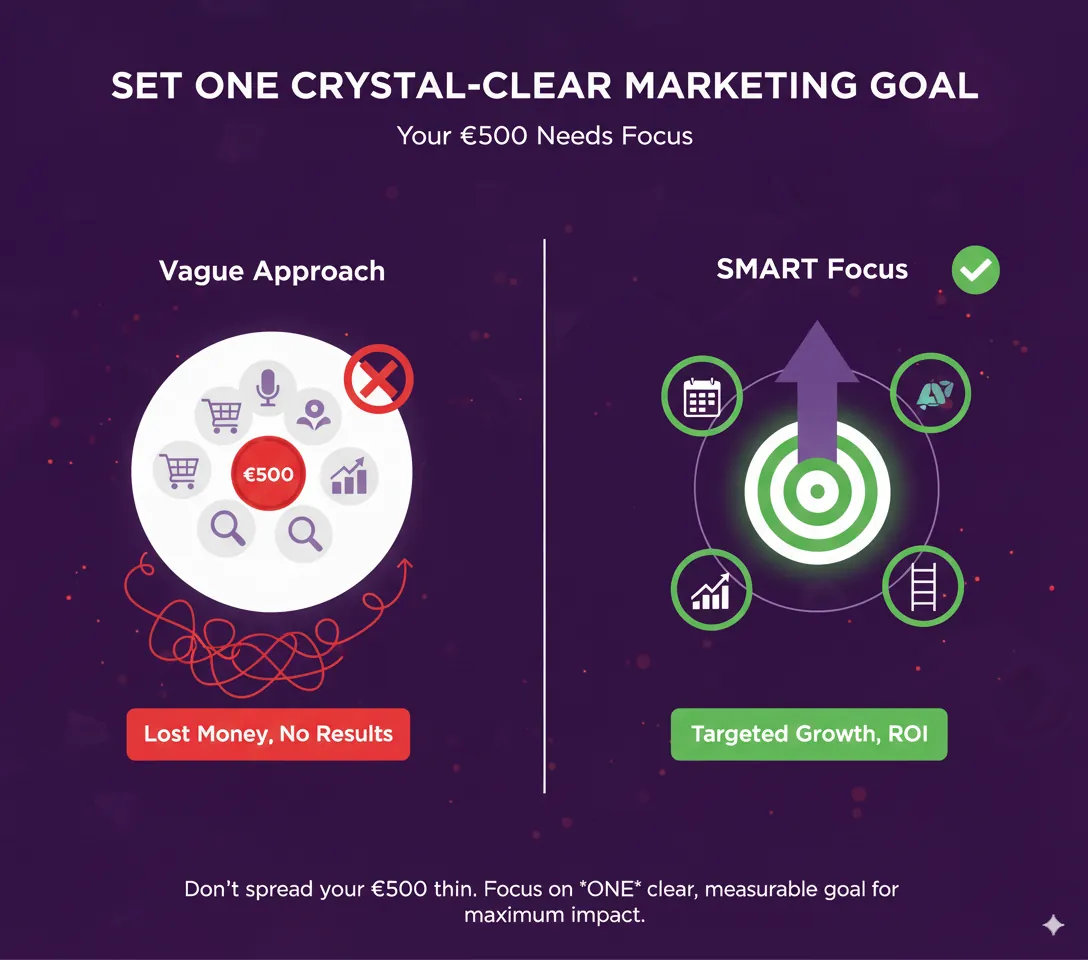 Set one crystal-clear marketing goal: a vague approach against a SMART focus for a €500 budget Set one crystal-clear marketing goal: a vague approach against a SMART focus for a €500 budget