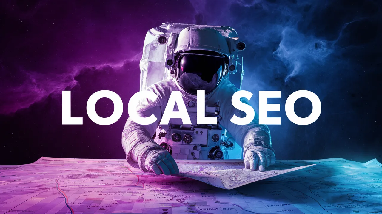 an image of an astronaut using a map, with the words "Local SEO" purple and cyan nebula an image of an astronaut using a map, with the words "Local SEO" purple and cyan nebula