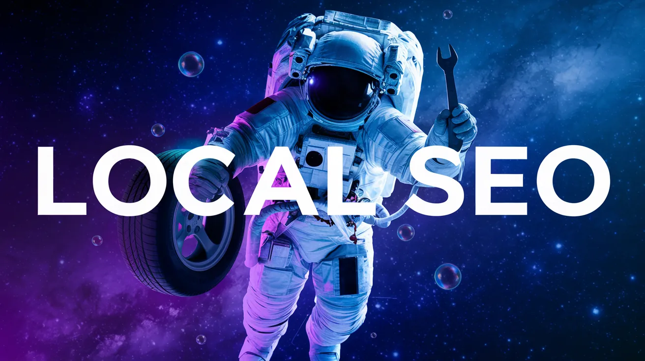 A photo of an astronaut mechanic in a spacesuit, floating in a purple and cyan glow. He is holding A photo of an astronaut mechanic in a spacesuit, floating in a purple and cyan glow. He is holding a tyre and a spanner. There are bubbles around the astronaut. The background is a starry cosmos. The text "Local SEO" is displayed in large, white letters.