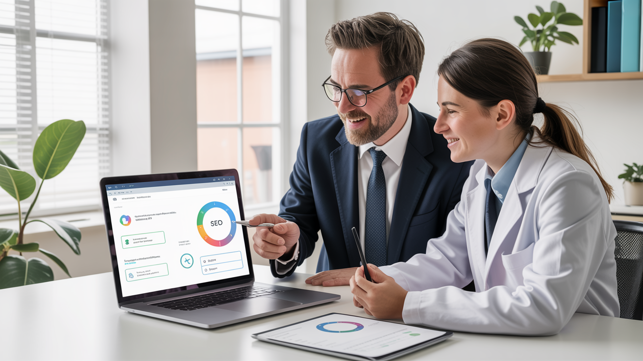 Two professionals, one a dentist and one a digital marketing expert (representing Bubblehub), collaboratively 