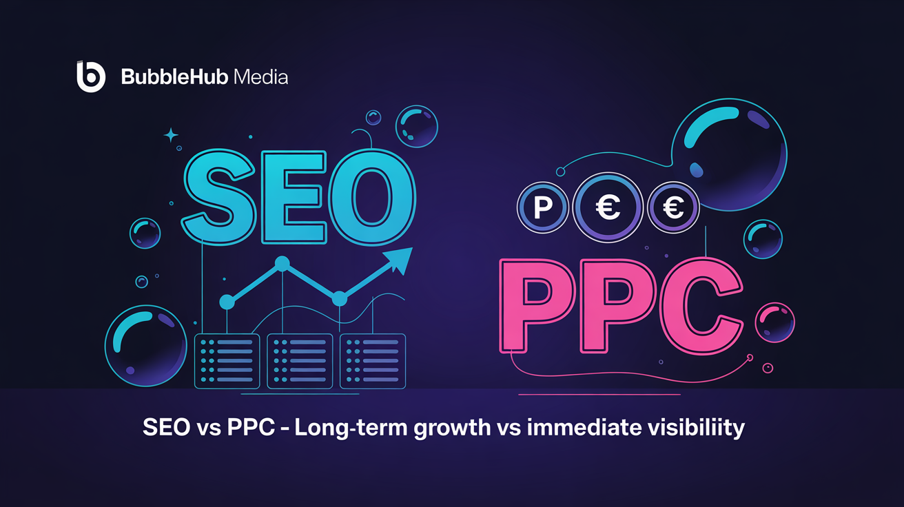 Split neon visual comparing SEO and PPC. On the left, glowing 'SEO' in cyan with Split neon visual comparing SEO and PPC.