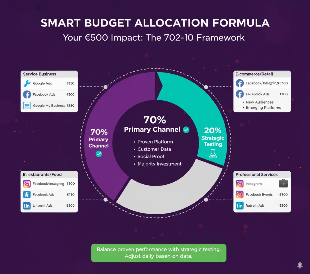 Smart budget allocation formula: 70% on the primary channel, 20% on strategic testing, 10% held back Smart budget allocation formula: 70% on the primary channel, 20% on strategic testing, 10% held back