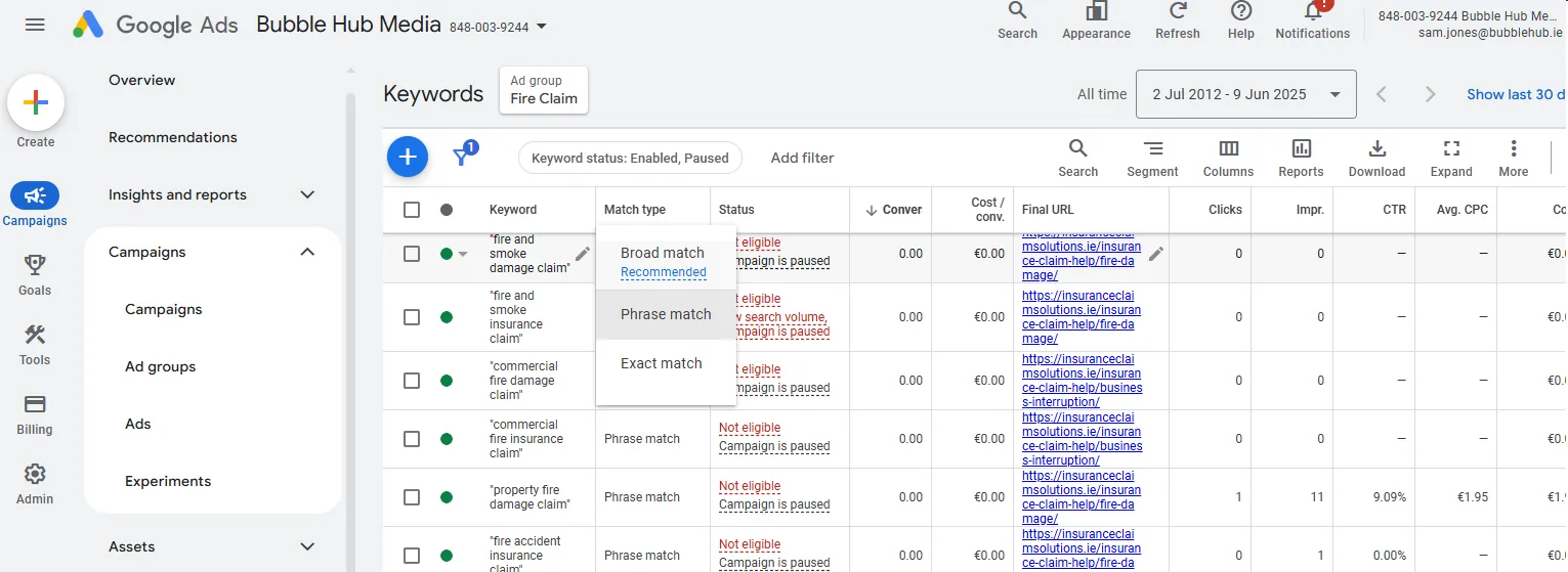 A Google Ads keywords screen showing broad match, phrase match and exact match keywords in a Bubble A Google Ads keywords screen showing broad match, phrase match and exact match keywords in a Bubble Hub Media account