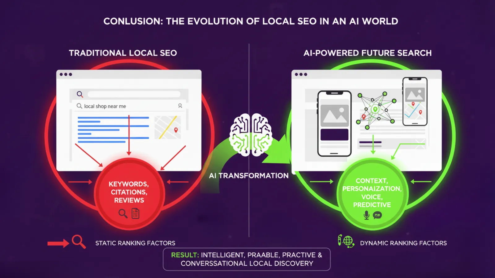 Diagram summarising the evolution of local SEO from static ranking factors to AI-driven, personalised local discovery