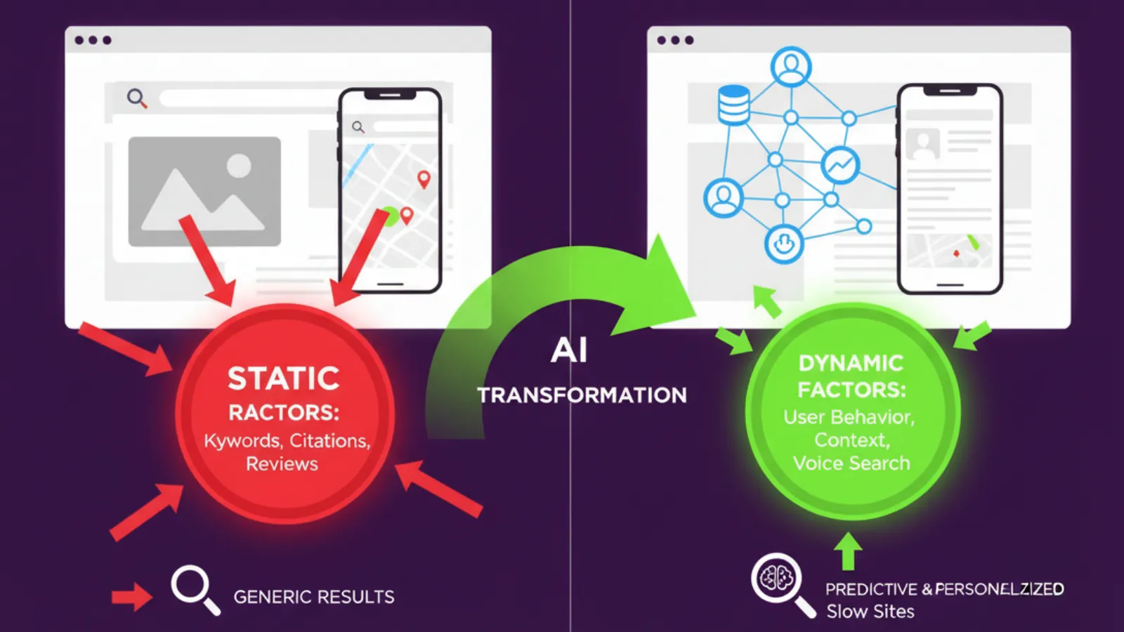 Diagram of the AI transformation of local search: static factors such as keywords, citations and reviews becoming dynamic factors such as user behaviour, context and voice search